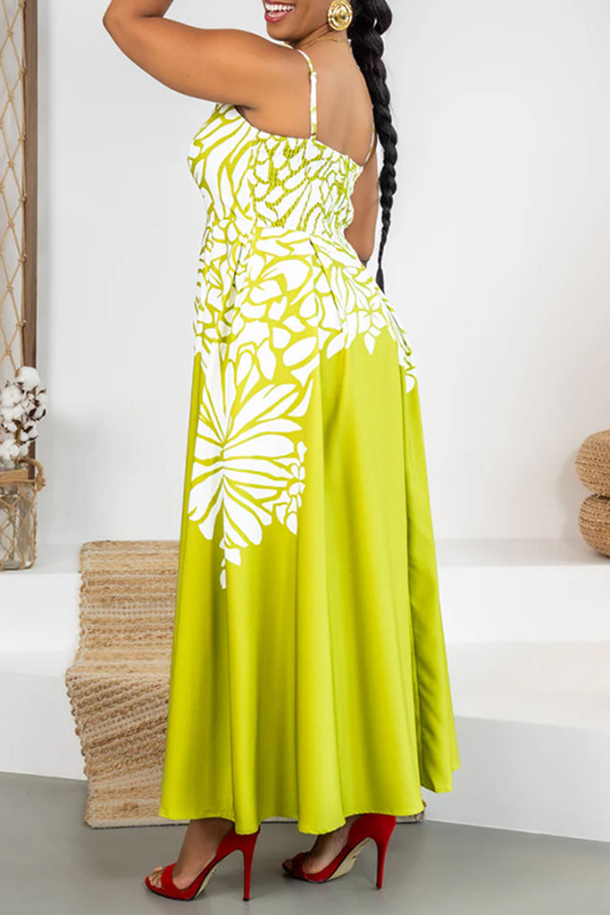 Casual Daily Vacation Print Backless Ruched Spaghetti Strap Long Dresses