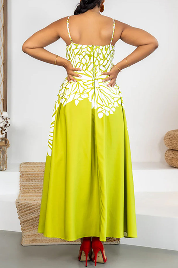 Casual Daily Vacation Print Backless Ruched Spaghetti Strap Long Dresses