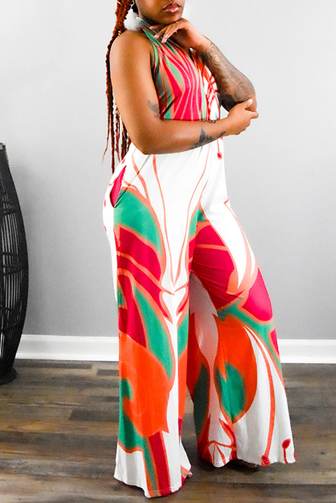 Sexy Casual Vacation Print Backless Belted Halter Regular Jumpsuits