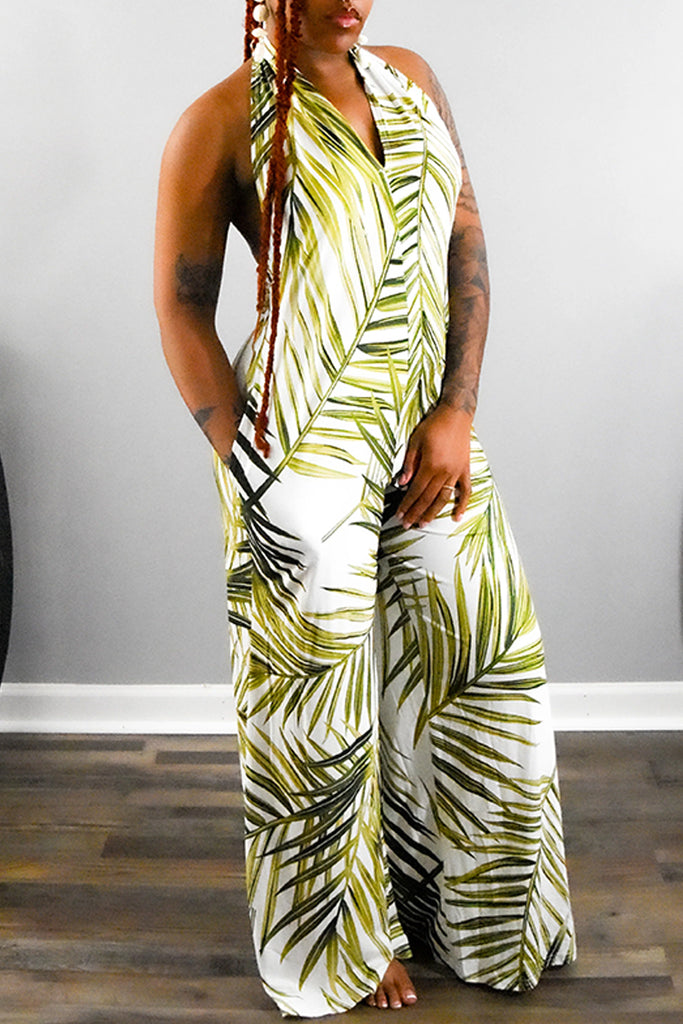 Sexy Casual Vacation Print Backless Belted Halter Regular Jumpsuits