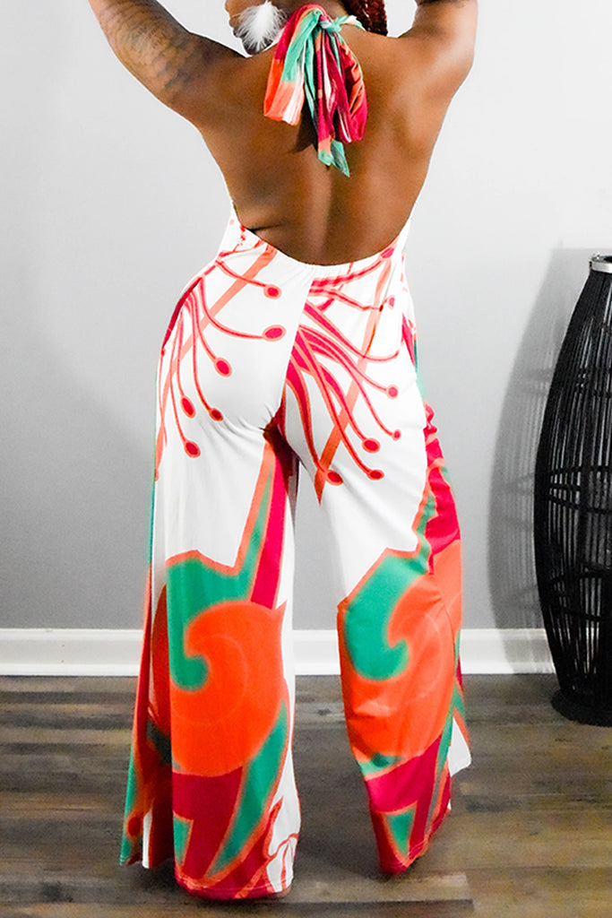 Sexy Casual Vacation Print Backless Belted Halter Regular Jumpsuits