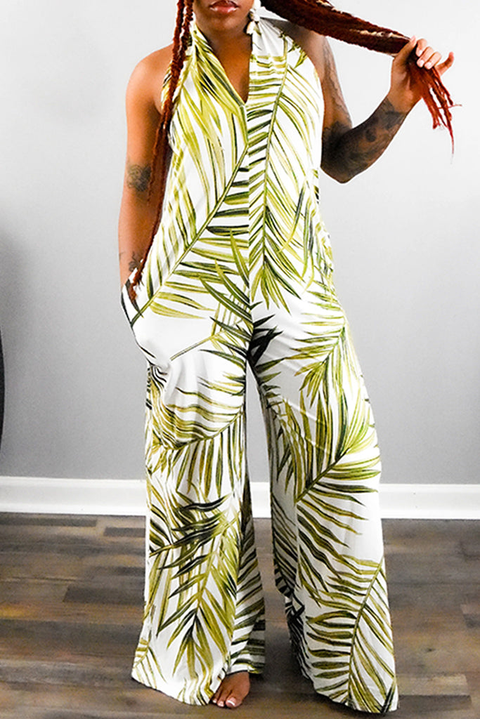 Sexy Casual Vacation Print Backless Belted Halter Regular Jumpsuits