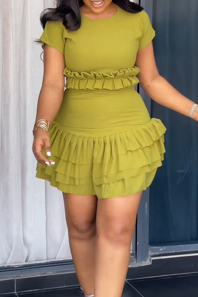 Casual Elegant Solid Color Patchwork O Neck Wrapped Skirt Dresses