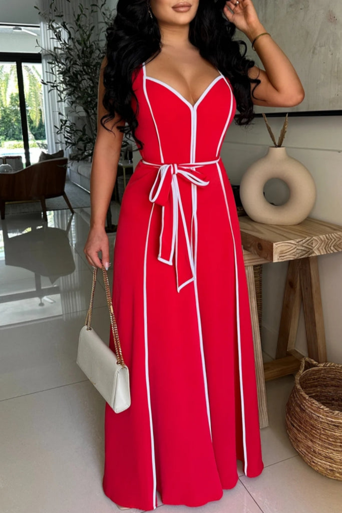 Sexy Casual Patchwork With Belt Belted Contrast V Neck Regular Jumpsuits