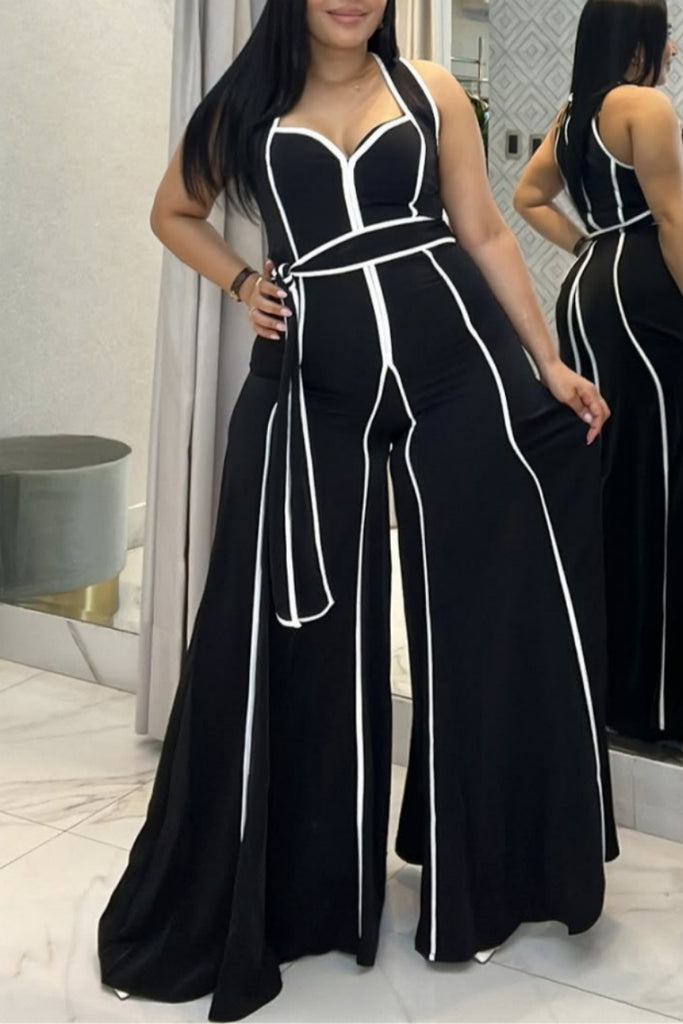 Sexy Casual Patchwork With Belt Belted Contrast V Neck Regular Jumpsuits