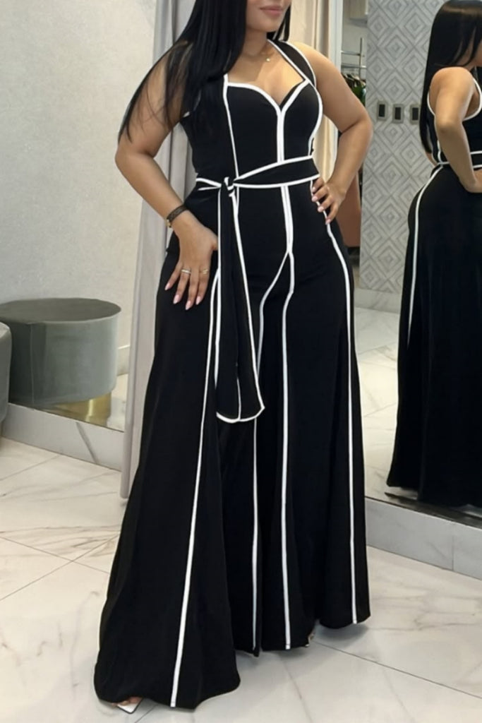 Sexy Casual Patchwork With Belt Belted Contrast V Neck Regular Jumpsuits