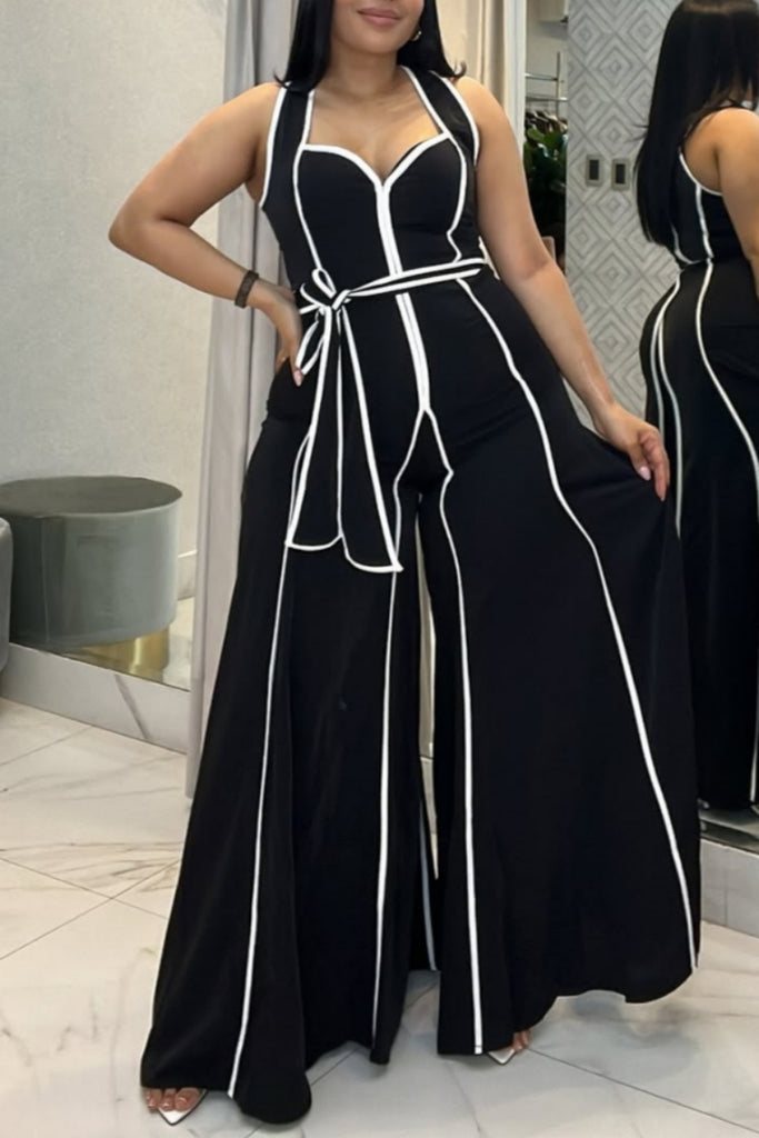 Sexy Casual Patchwork With Belt Belted Contrast V Neck Regular Jumpsuits