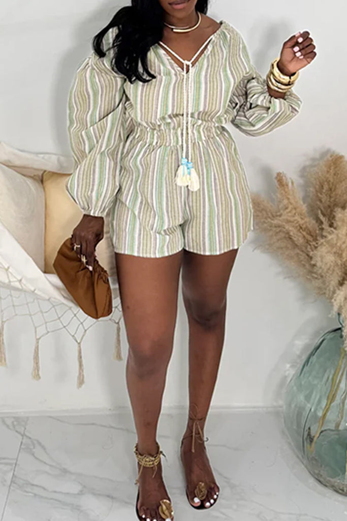 Casual Daily Striped Print Basic V Neck Regular Romper