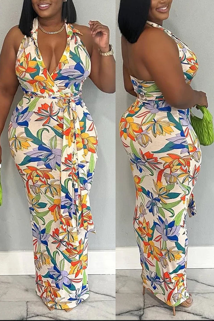 Sexy Casual Vacation Floral Print Backless Belted Halter Long Dresses