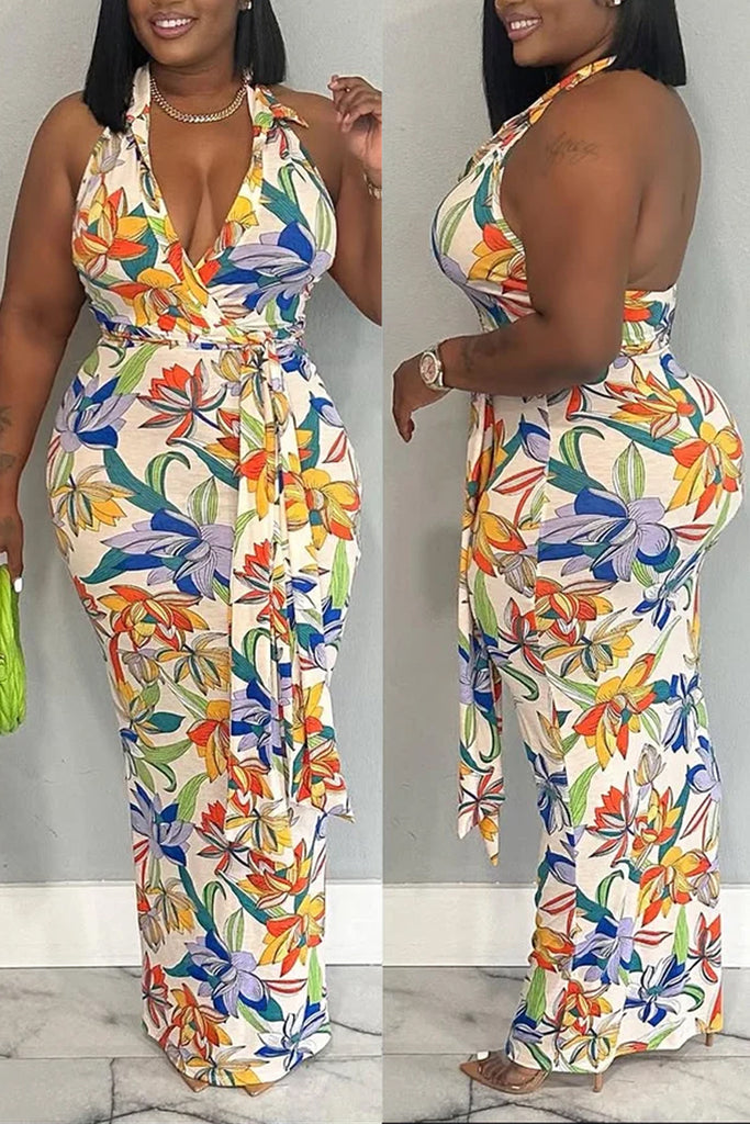 Sexy Casual Vacation Floral Print Backless Belted Halter Long Dresses