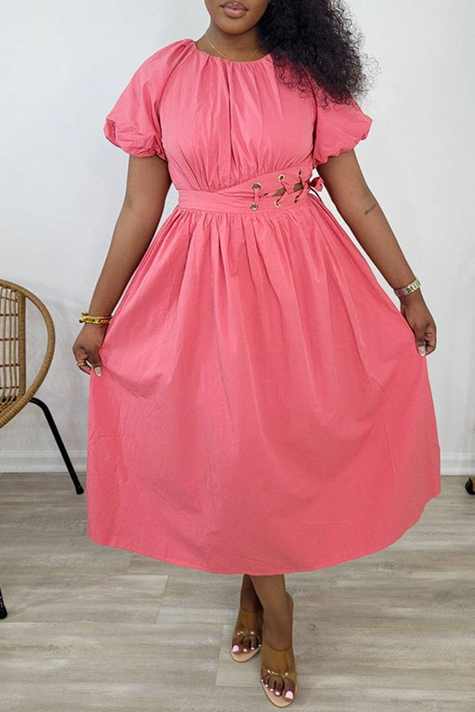 Casual Daily Solid Color Belted O Neck A Line Dresses