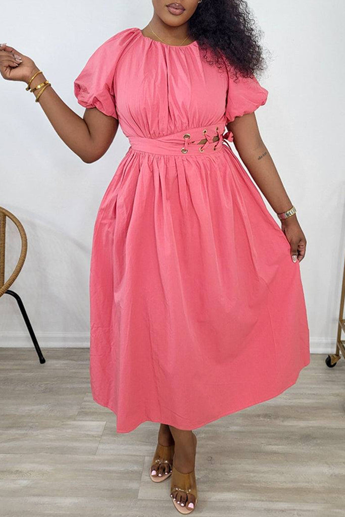 Casual Daily Solid Color Belted O Neck A Line Dresses