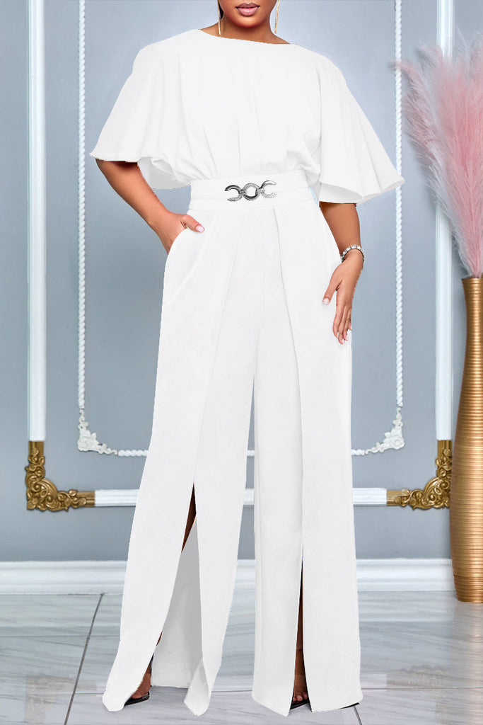 Casual Daily Solid Color Patchwork Slit Oblique Collar Regular Jumpsuits