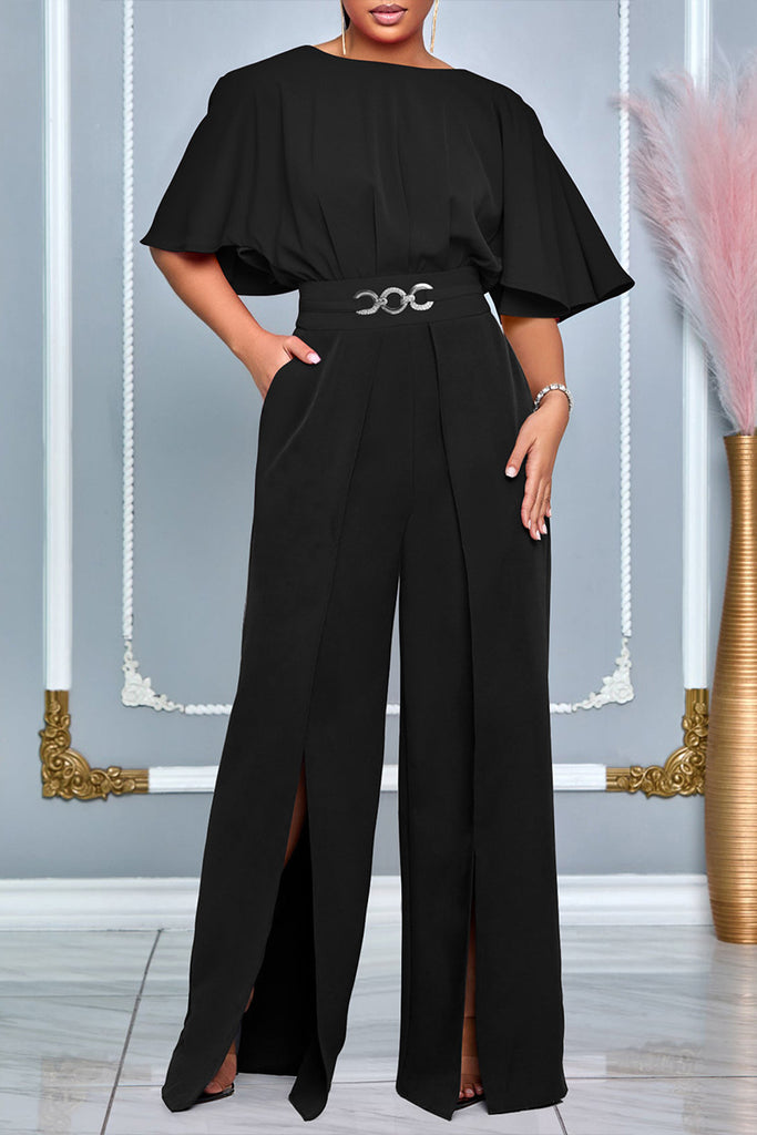 Casual Daily Solid Color Patchwork Slit Oblique Collar Regular Jumpsuits