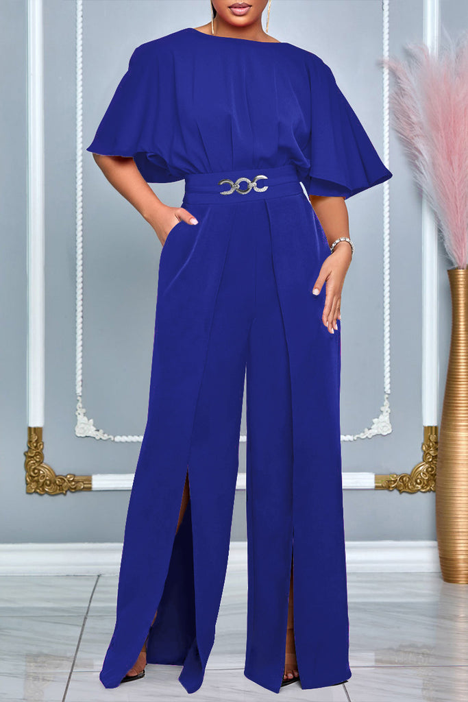 Casual Daily Solid Color Patchwork Slit Oblique Collar Regular Jumpsuits