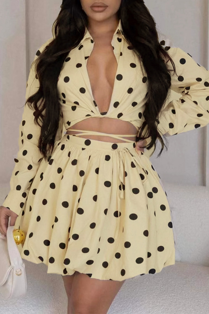 Sexy Daily Celebrities Vacation Polka Dot Lace Up Ruched Turndown Collar Long Sleeve Two Pieces