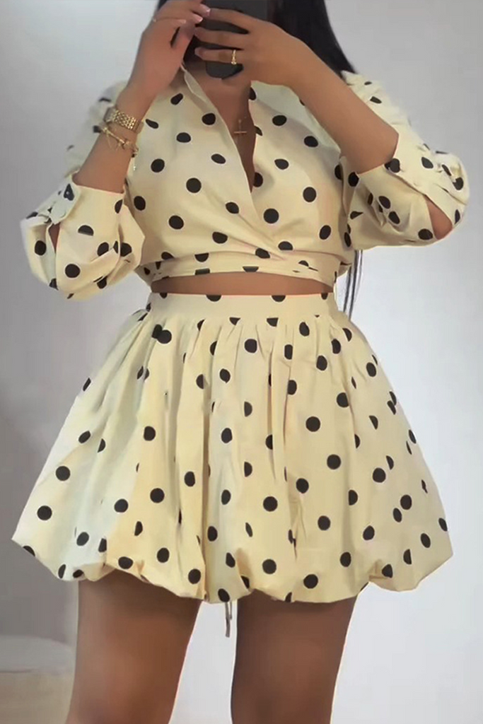 Sexy Daily Celebrities Vacation Polka Dot Lace Up Ruched Turndown Collar Long Sleeve Two Pieces