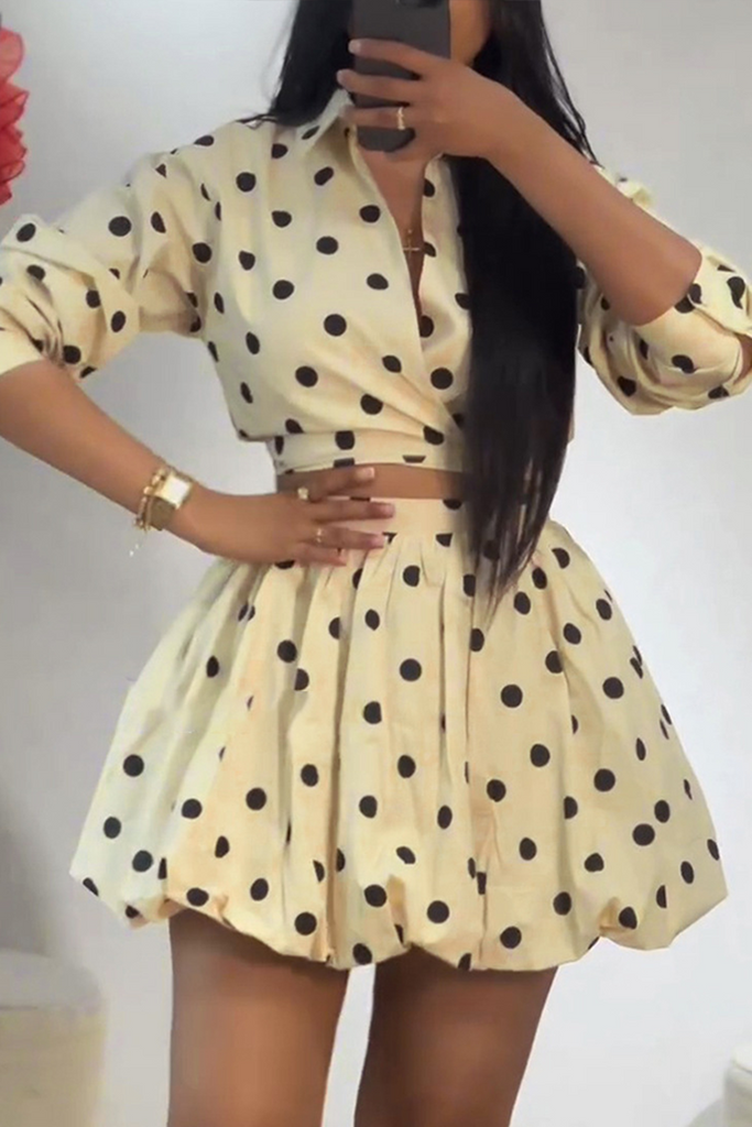 Sexy Daily Celebrities Vacation Polka Dot Lace Up Ruched Turndown Collar Long Sleeve Two Pieces