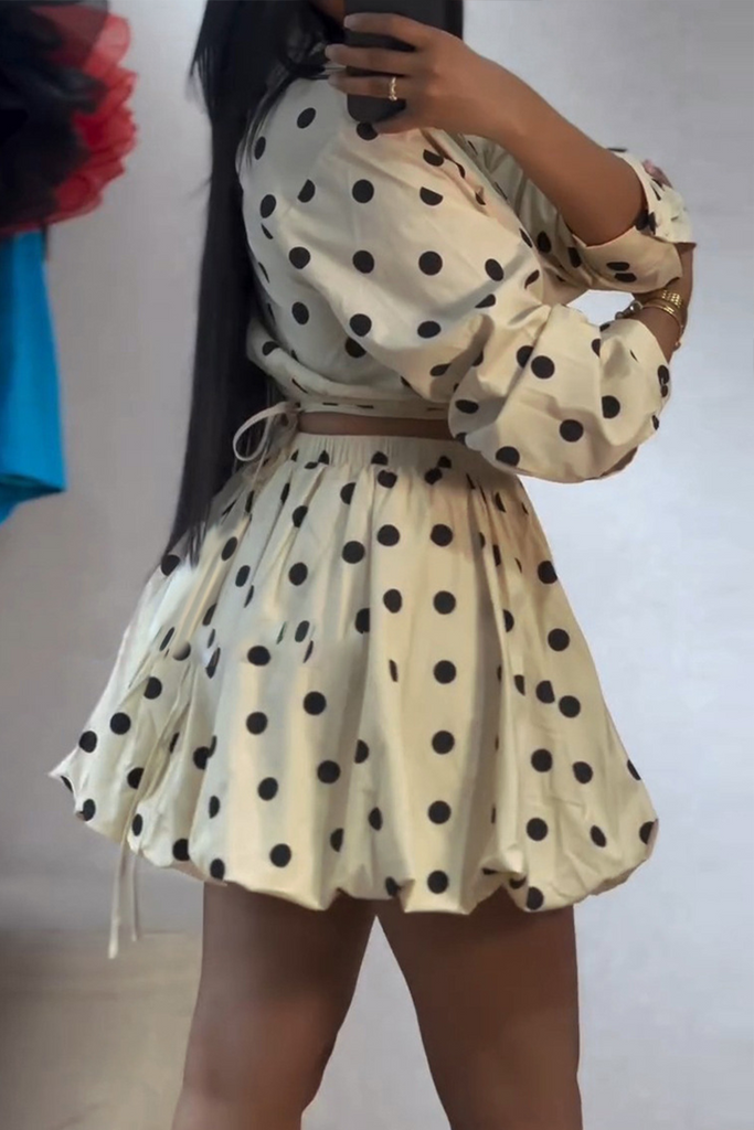 Sexy Daily Celebrities Vacation Polka Dot Lace Up Ruched Turndown Collar Long Sleeve Two Pieces