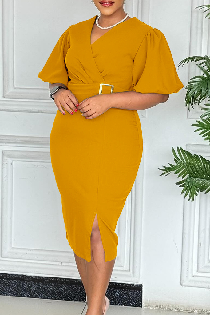Elegant Solid Color Slit With Belt V Neck Wrapped Skirt Dresses