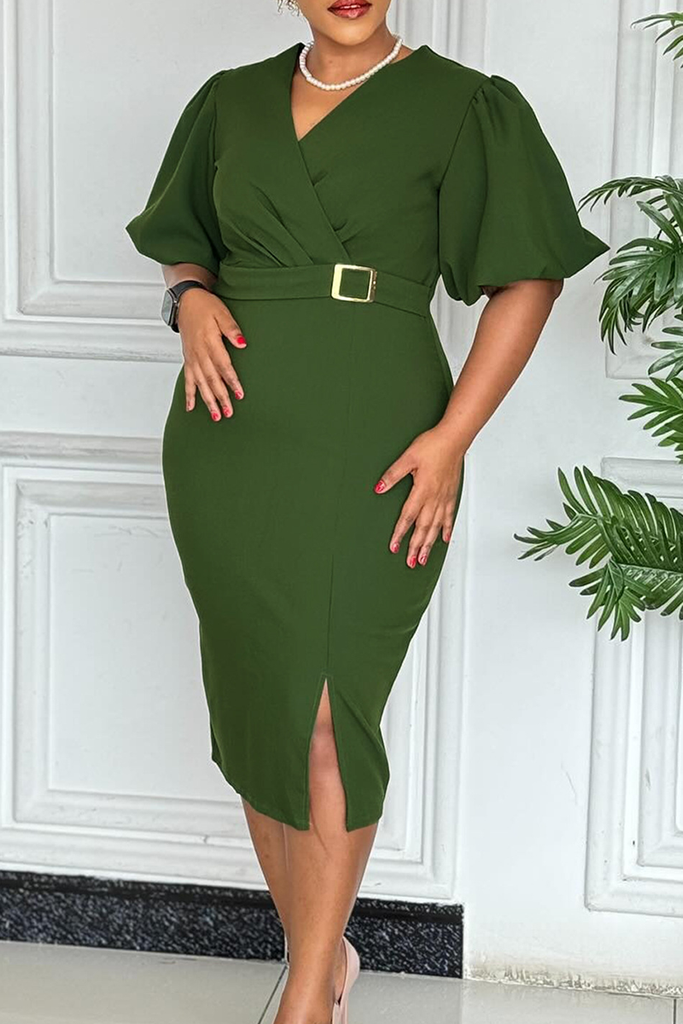 Elegant Solid Color Slit With Belt V Neck Wrapped Skirt Dresses