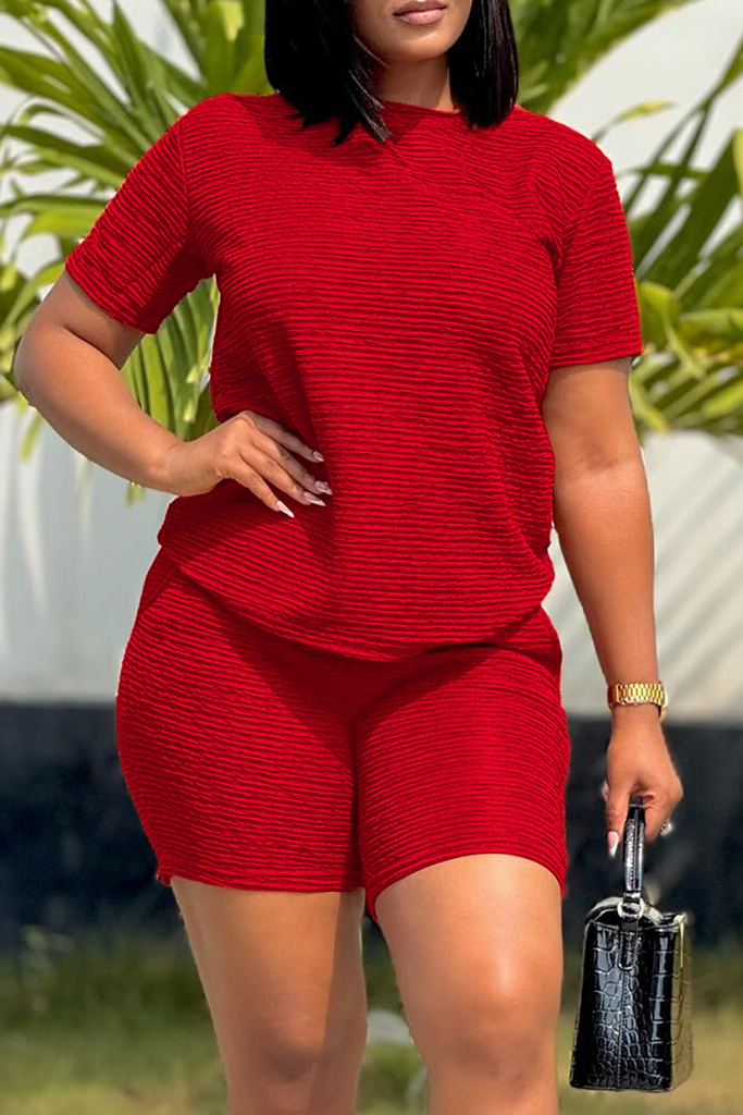 Casual Solid Color Patchwork O Neck Short Sleeve Two Pieces