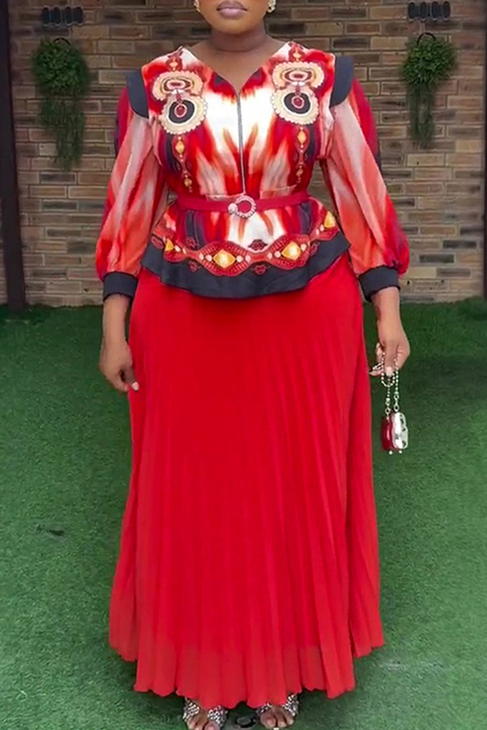 Elegant Print With Belt Pleated V Neck Plus Size Two Pieces