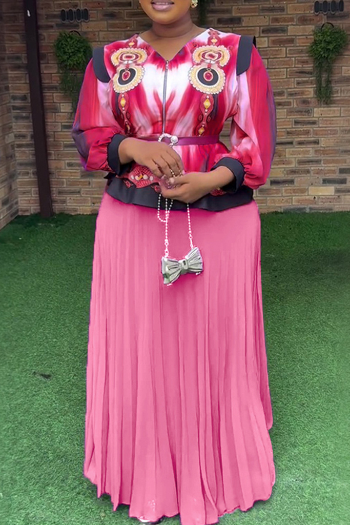 Elegant Print With Belt Pleated V Neck Plus Size Two Pieces