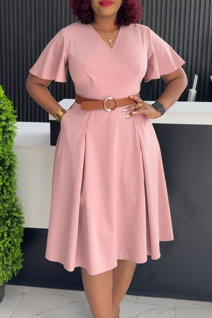 Elegant Solid Color Pocket With Belt V Neck Long Dresses