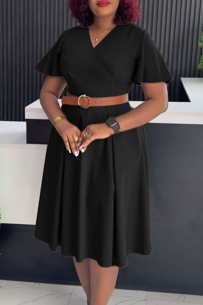 Elegant Solid Color Pocket With Belt V Neck Long Dresses