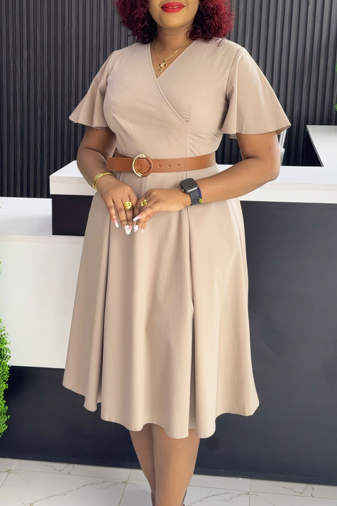 Elegant Solid Color Pocket With Belt V Neck Long Dresses