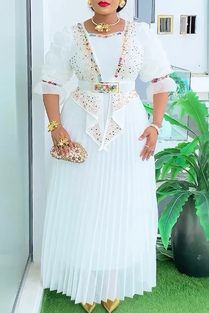 Elegant Solid Color Hot Drill Pleated Asymmetrical Collar Long Plus Size Dresses