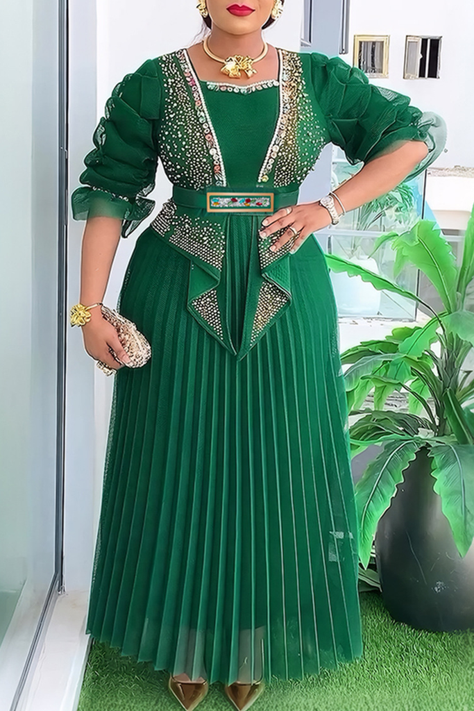 Elegant Solid Color Hot Drill Pleated Asymmetrical Collar Long Plus Size Dresses