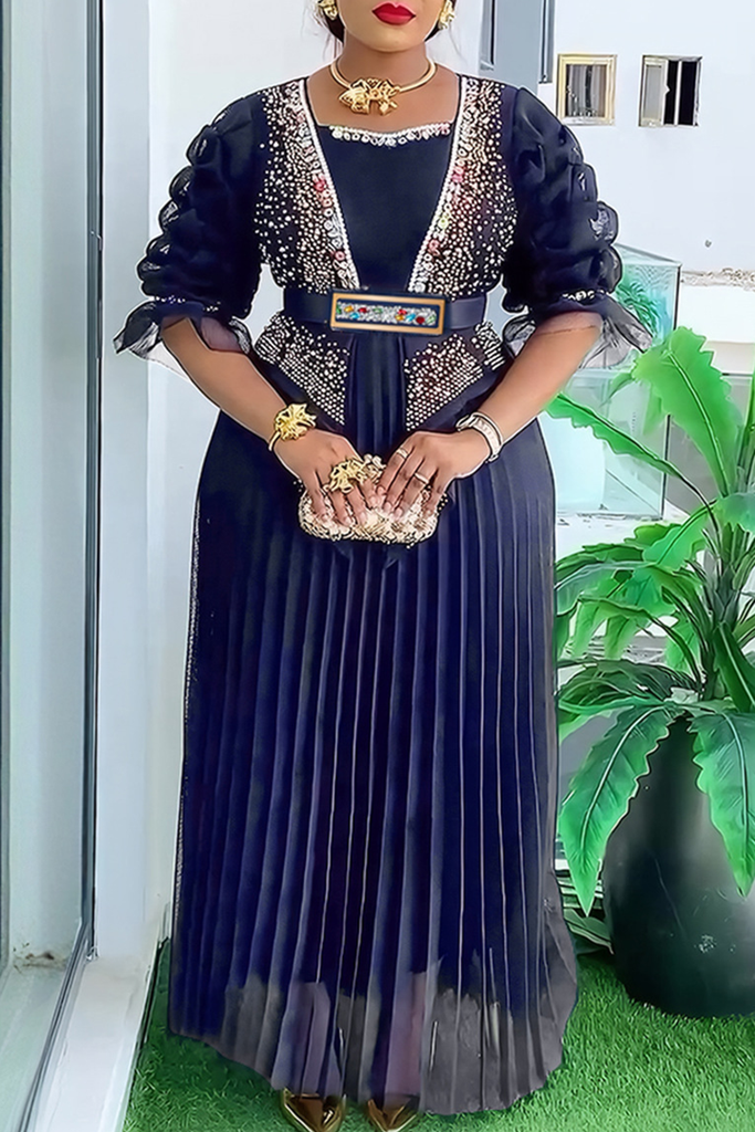 Elegant Solid Color Hot Drill Pleated Asymmetrical Collar Long Plus Size Dresses
