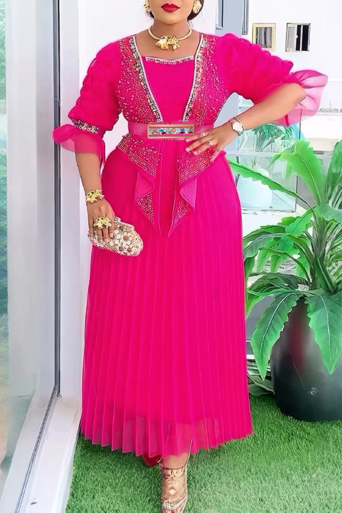 Elegant Solid Color Hot Drill Pleated Asymmetrical Collar Long Plus Size Dresses
