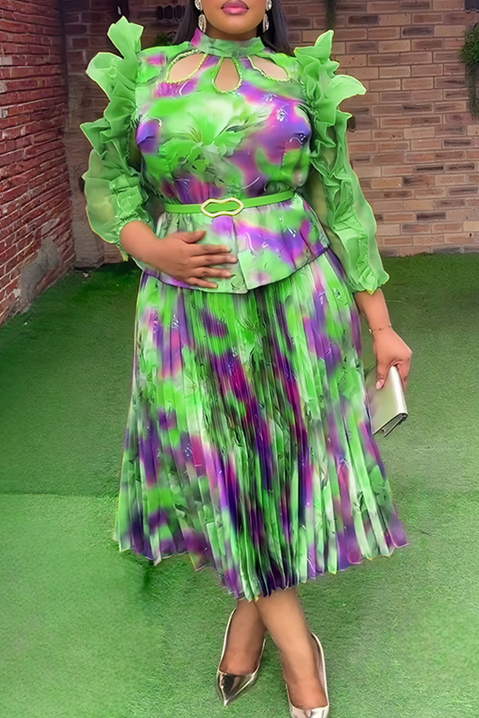 Elegant Print Hollow Out Stringy Selvedge Pleated Turtleneck Plus Size Two Pieces
