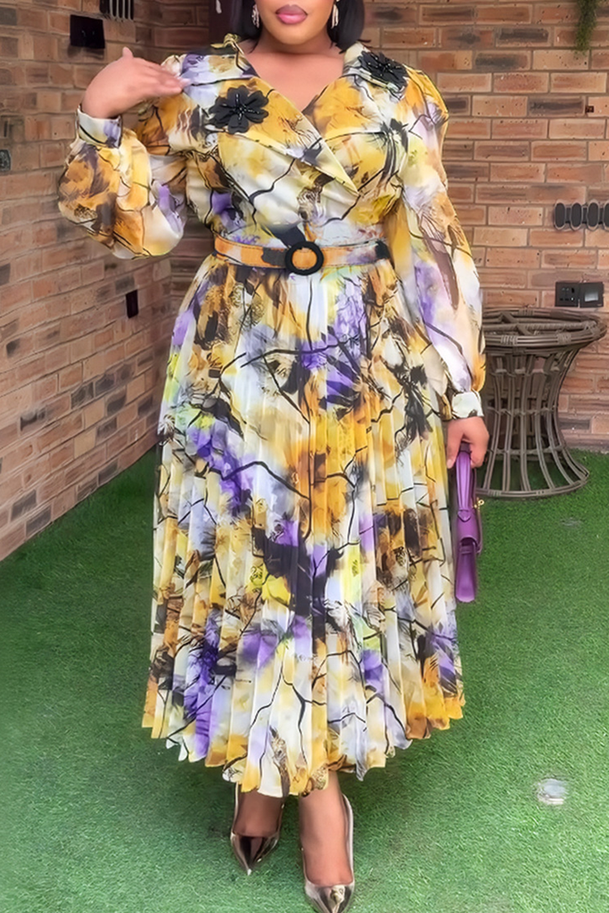 Casual Print With Belt Pleated Turndown Collar Long Plus Size Dresses