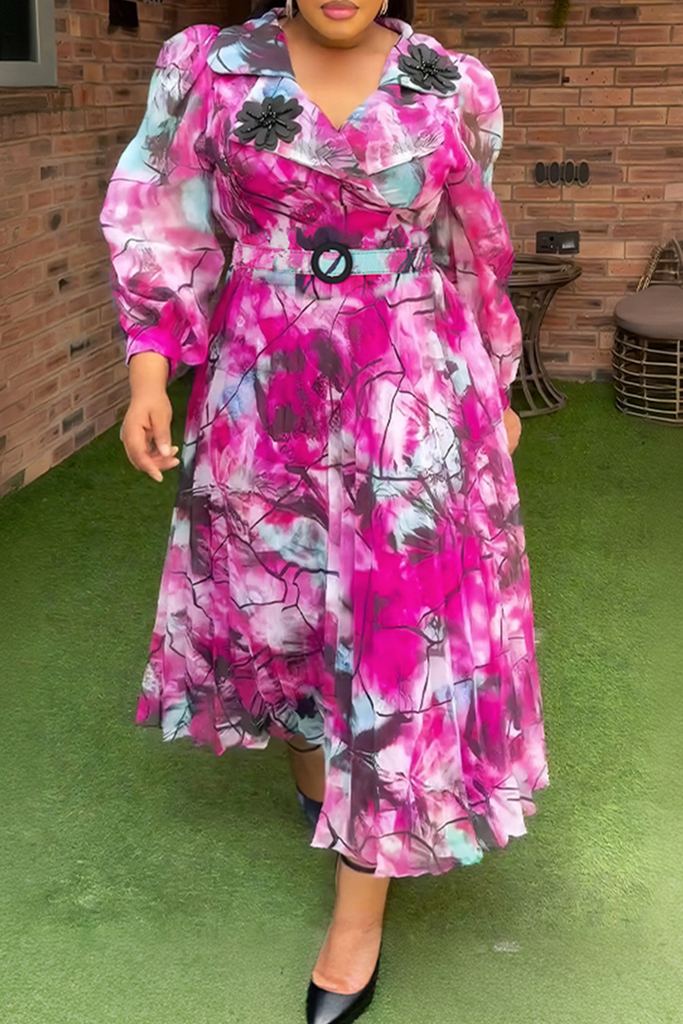 Casual Print With Belt Pleated Turndown Collar Long Plus Size Dresses