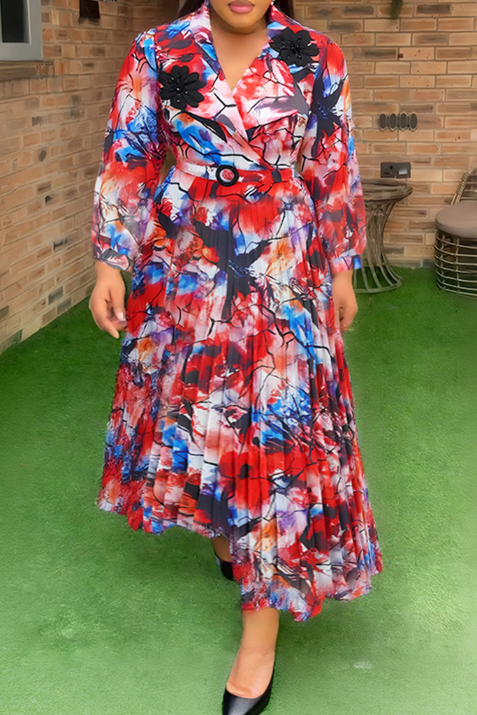 Casual Print With Belt Pleated Turndown Collar Long Plus Size Dresses