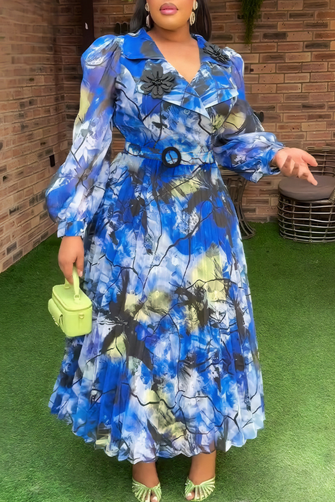 Casual Print With Belt Pleated Turndown Collar Long Plus Size Dresses