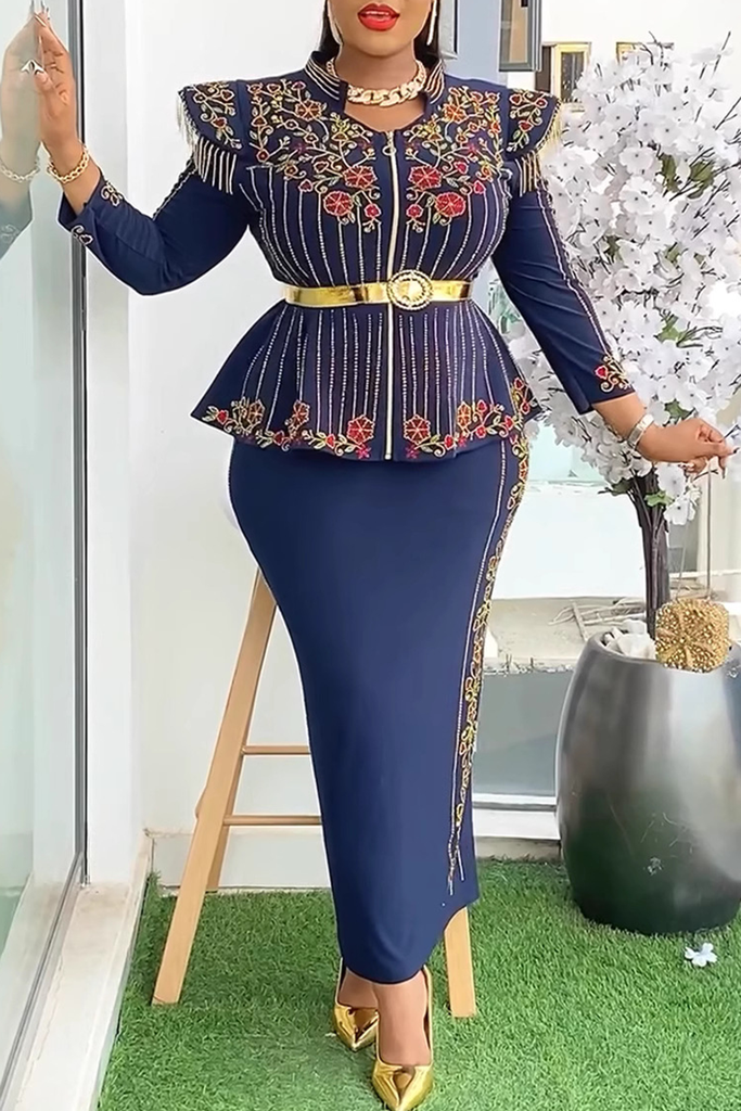 Elegant Print Fringed Trim With Belt Zipper Asymmetrical Collar Plus Size Two Pieces