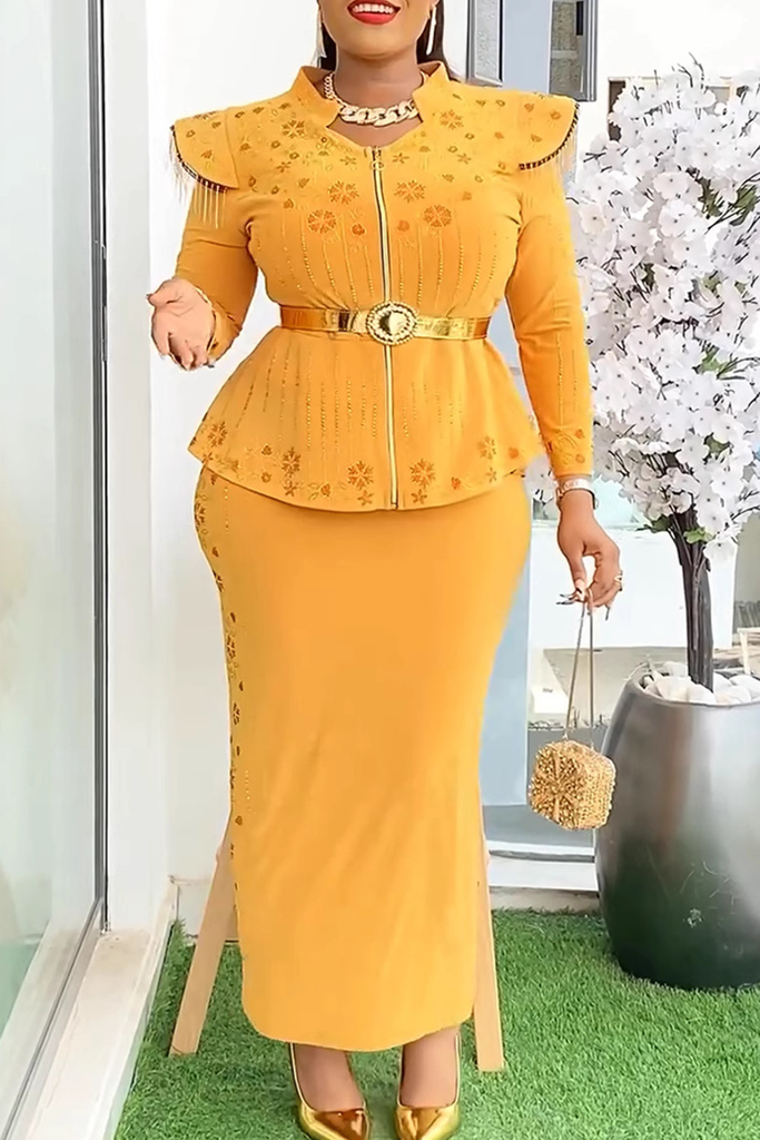 Elegant Print Fringed Trim With Belt Zipper Asymmetrical Collar Plus Size Two Pieces
