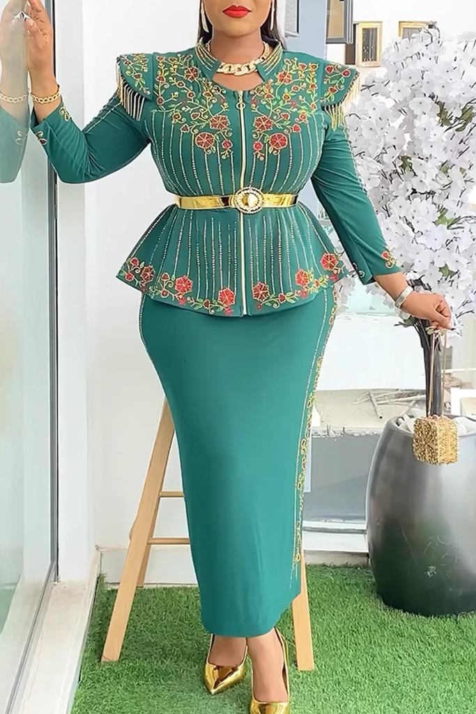 Elegant Print Fringed Trim With Belt Zipper Asymmetrical Collar Plus Size Two Pieces