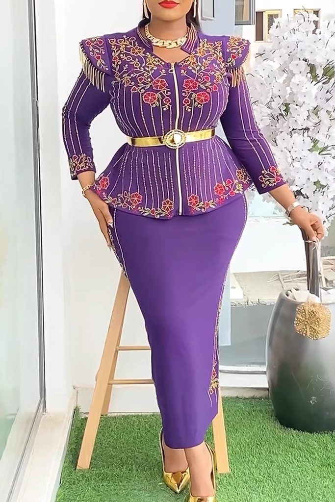 Elegant Print Fringed Trim With Belt Zipper Asymmetrical Collar Plus Size Two Pieces