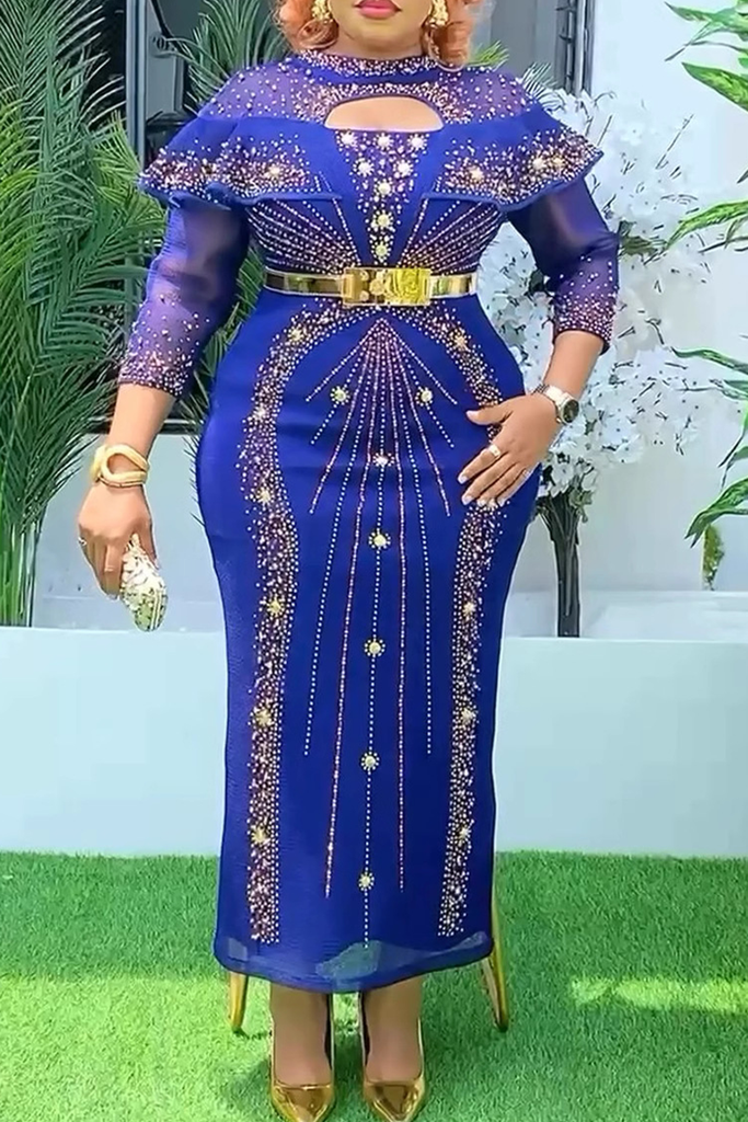 Elegant Solid Color Hollow Out Hot Drill O Neck Long Plus Size Dresses