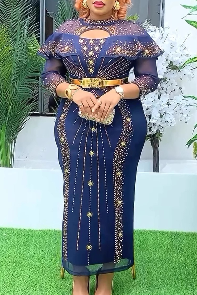 Elegant Solid Color Hollow Out Hot Drill O Neck Long Plus Size Dresses