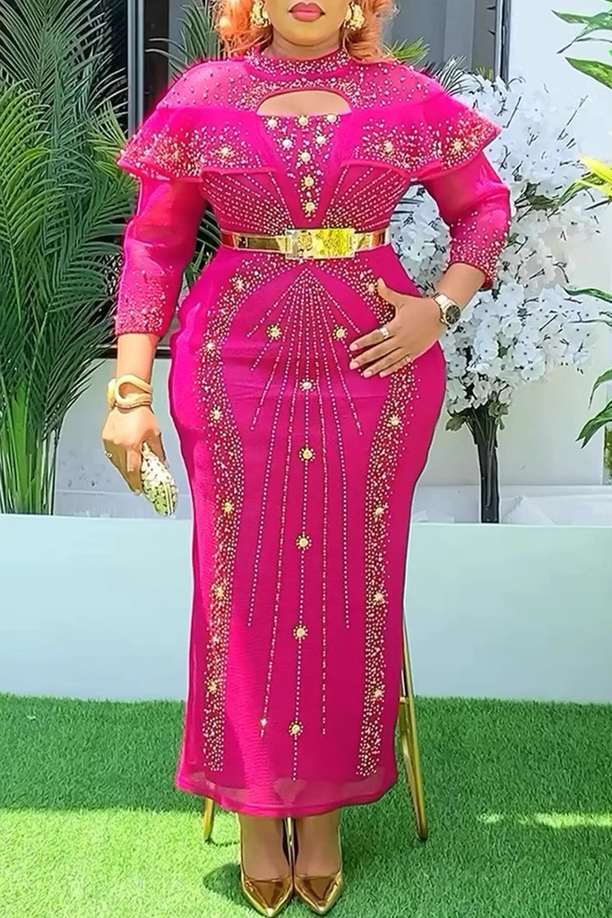 Elegant Solid Color Hollow Out Hot Drill O Neck Long Plus Size Dresses