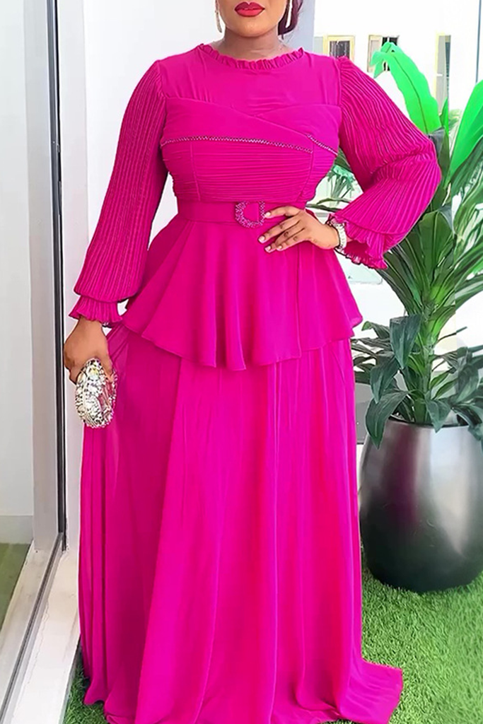 Elegant Solid Color With Belt Flounce O Neck Long Plus Size Dresses