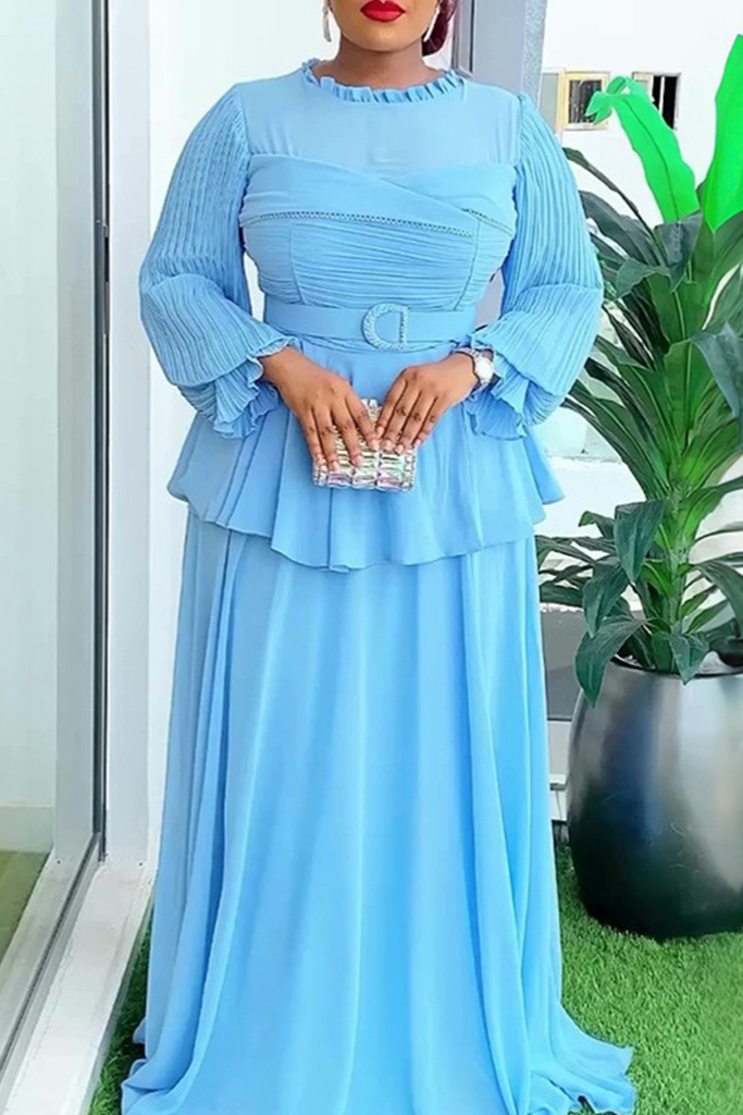 Elegant Solid Color With Belt Flounce O Neck Long Plus Size Dresses