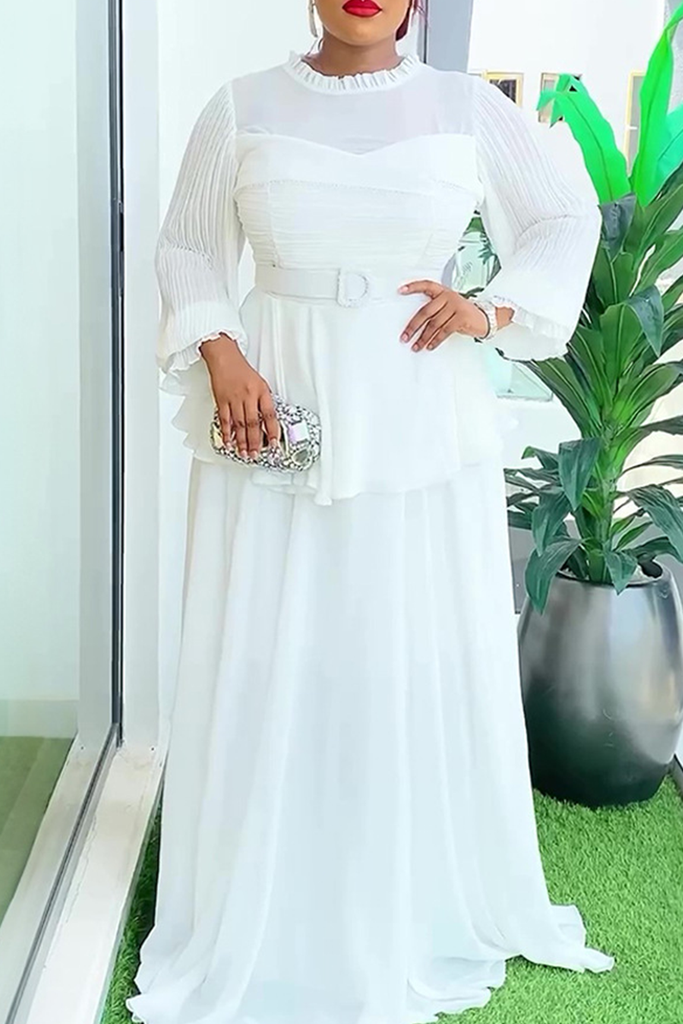 Elegant Solid Color With Belt Flounce O Neck Long Plus Size Dresses